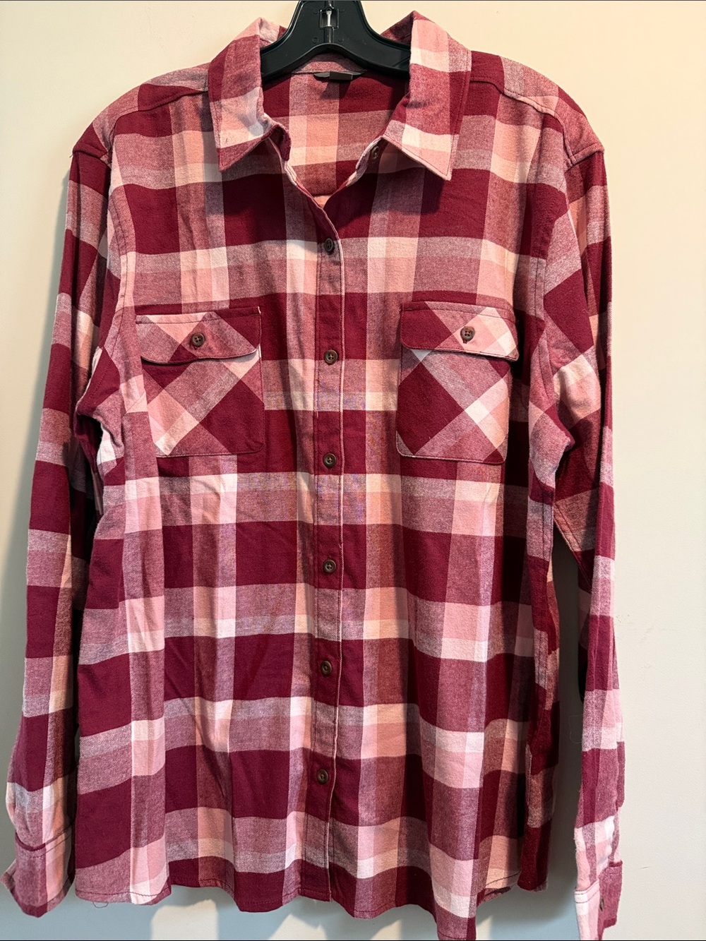 Eddie Bauer Burgundy and Light Pink Plaid Button-Down Shirt